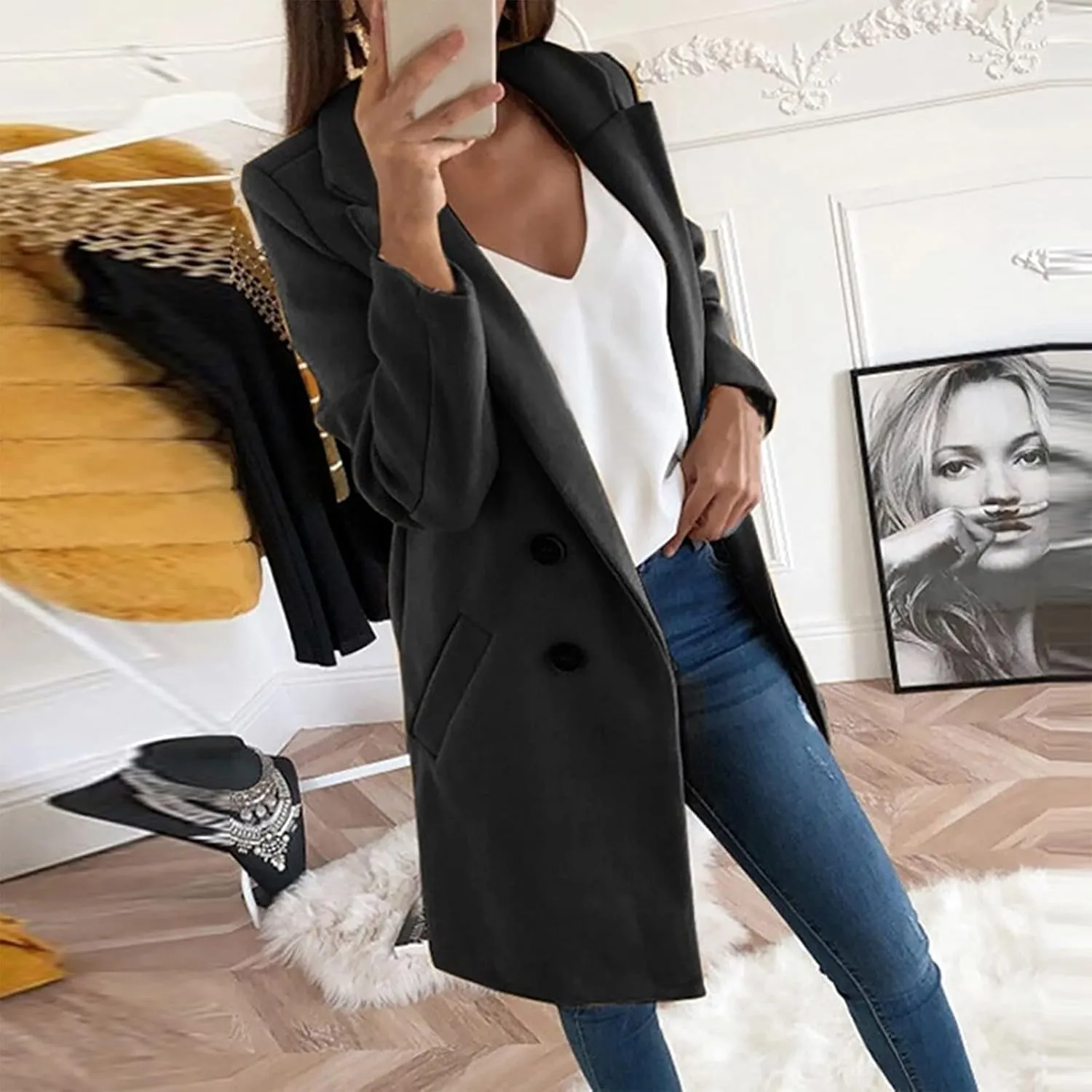 Pea Coats For Women,2024 Trendy Classic Notched Lapel Collar Double Breasted Trench Coat Mid Slim Fit Winter Coats