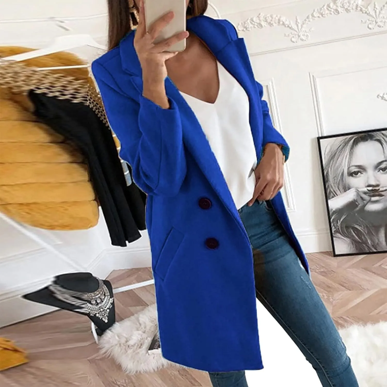 Pea Coats For Women,2024 Trendy Classic Notched Lapel Collar Double Breasted Trench Coat Mid Slim Fit Winter Coats