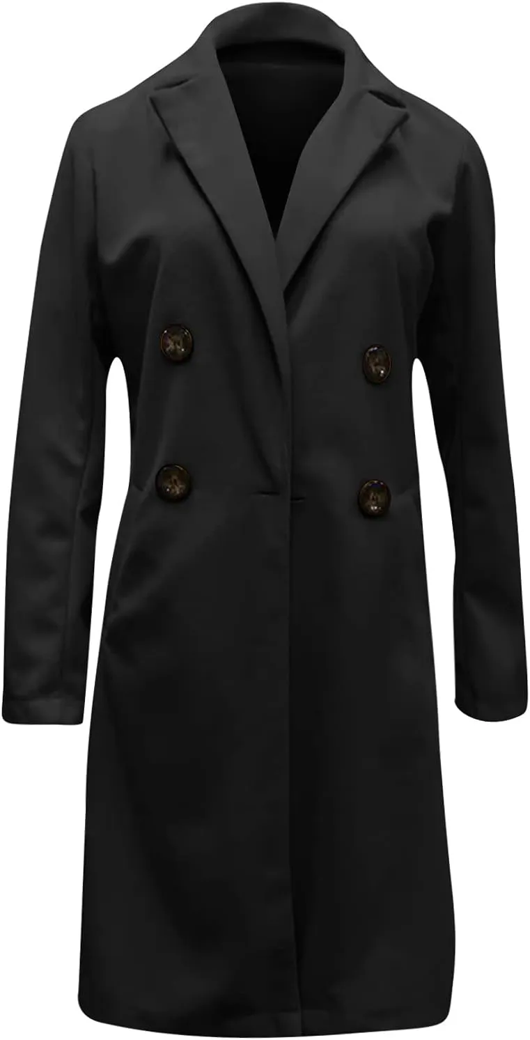 Pea Coats For Women,2024 Trendy Classic Notched Lapel Collar Double Breasted Trench Coat Mid Slim Fit Winter Coats