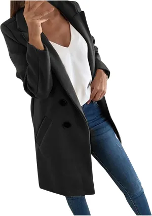Pea Coats For Women,2024 Trendy Classic Notched Lapel Collar Double Breasted Trench Coat Mid Slim Fit Winter Coats
