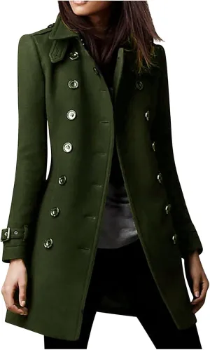 Peacoat Womens Coat, Mid Long Classic Overcoat Double Breasted Slim Outdoor Jackets Winter Trench Outerwear