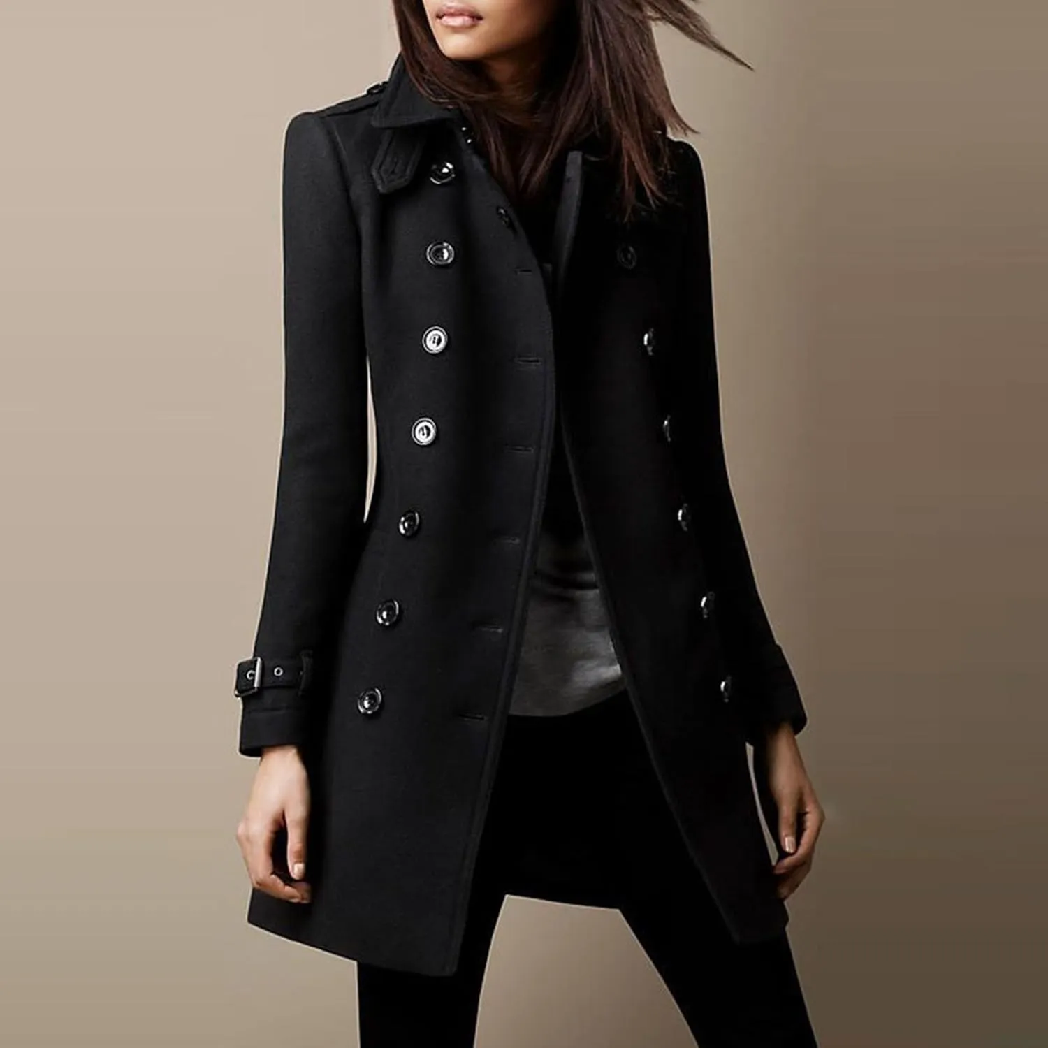 Peacoat Womens Coat, Mid Long Classic Overcoat Double Breasted Slim Outdoor Jackets Winter Trench Outerwear