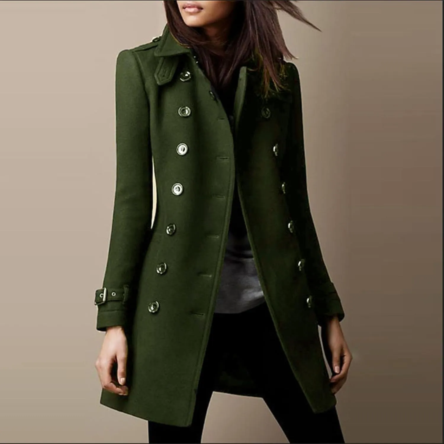 Peacoat Womens Coat, Mid Long Classic Overcoat Double Breasted Slim Outdoor Jackets Winter Trench Outerwear