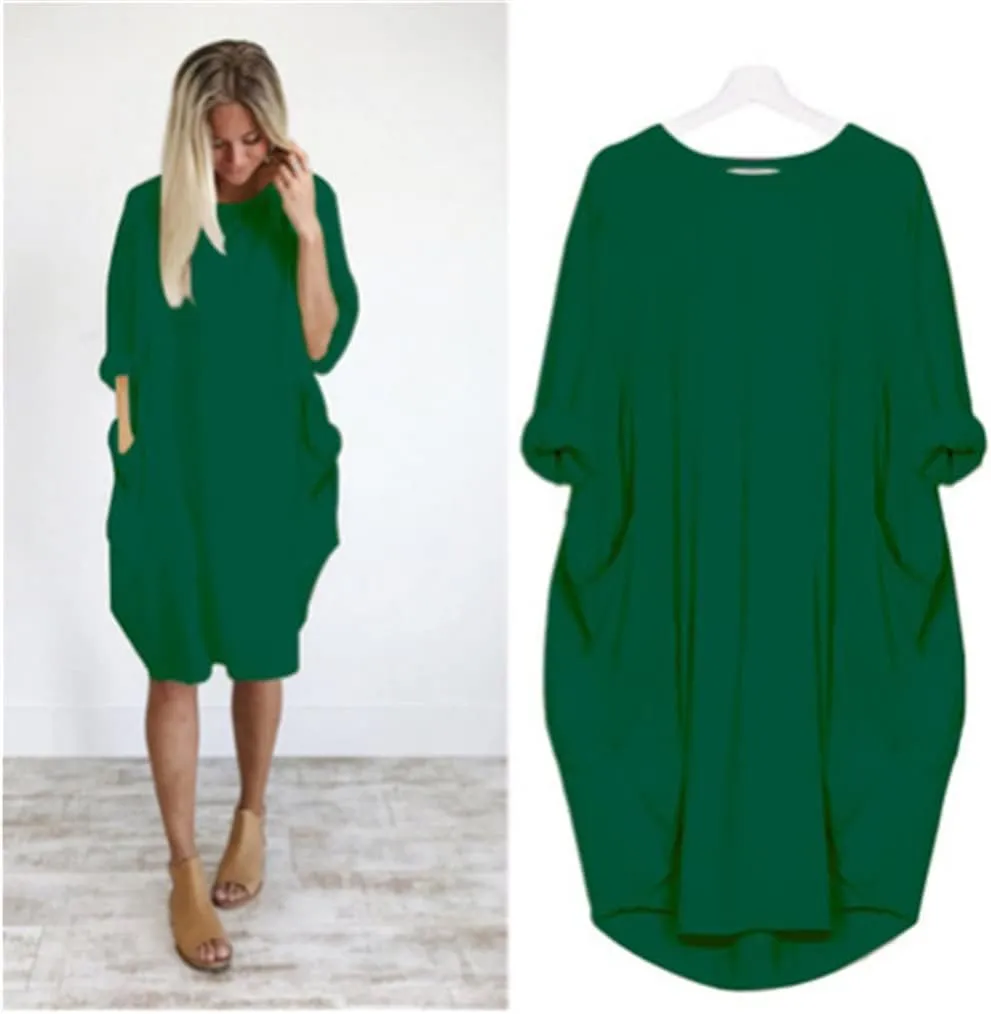 Plus Size Dresses for Women Oversized T Shirt Midi Dress Roll-Up Sleeve Crewneck Dress Baggy Dresses with Pockets