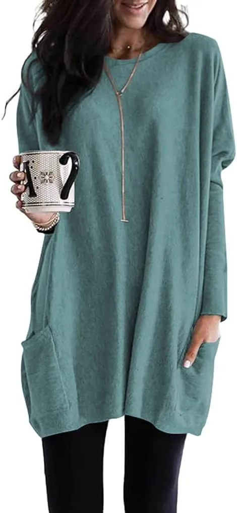 Poetsky Fall Womens Tunic or Tops to Wear with Leggings Long Sleeve Casual Long Shirts with Pockets