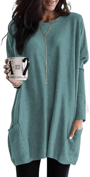 Poetsky Fall Womens Tunic or Tops to Wear with Leggings Long Sleeve Casual Long Shirts with Pockets