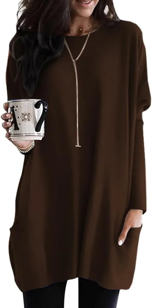 Poetsky Fall Womens Tunic or Tops to Wear with Leggings Long Sleeve Casual Long Shirts with Pockets
