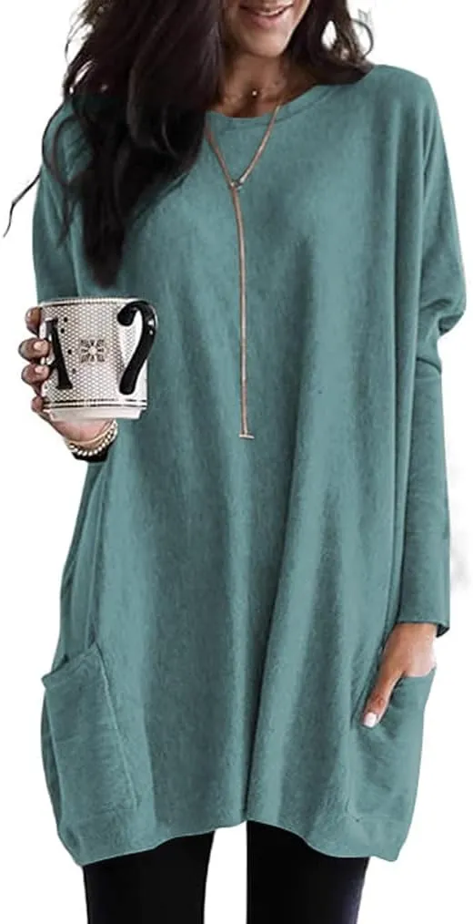 Poetsky Fall Womens Tunic or Tops to Wear with Leggings Long Sleeve Casual Long Shirts with Pockets