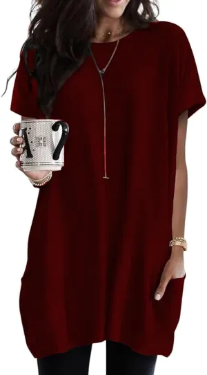 Poetsky Summer Womens Tunic Tops for Leggings with Pockets Short Sleeve Casual Long T Shirts