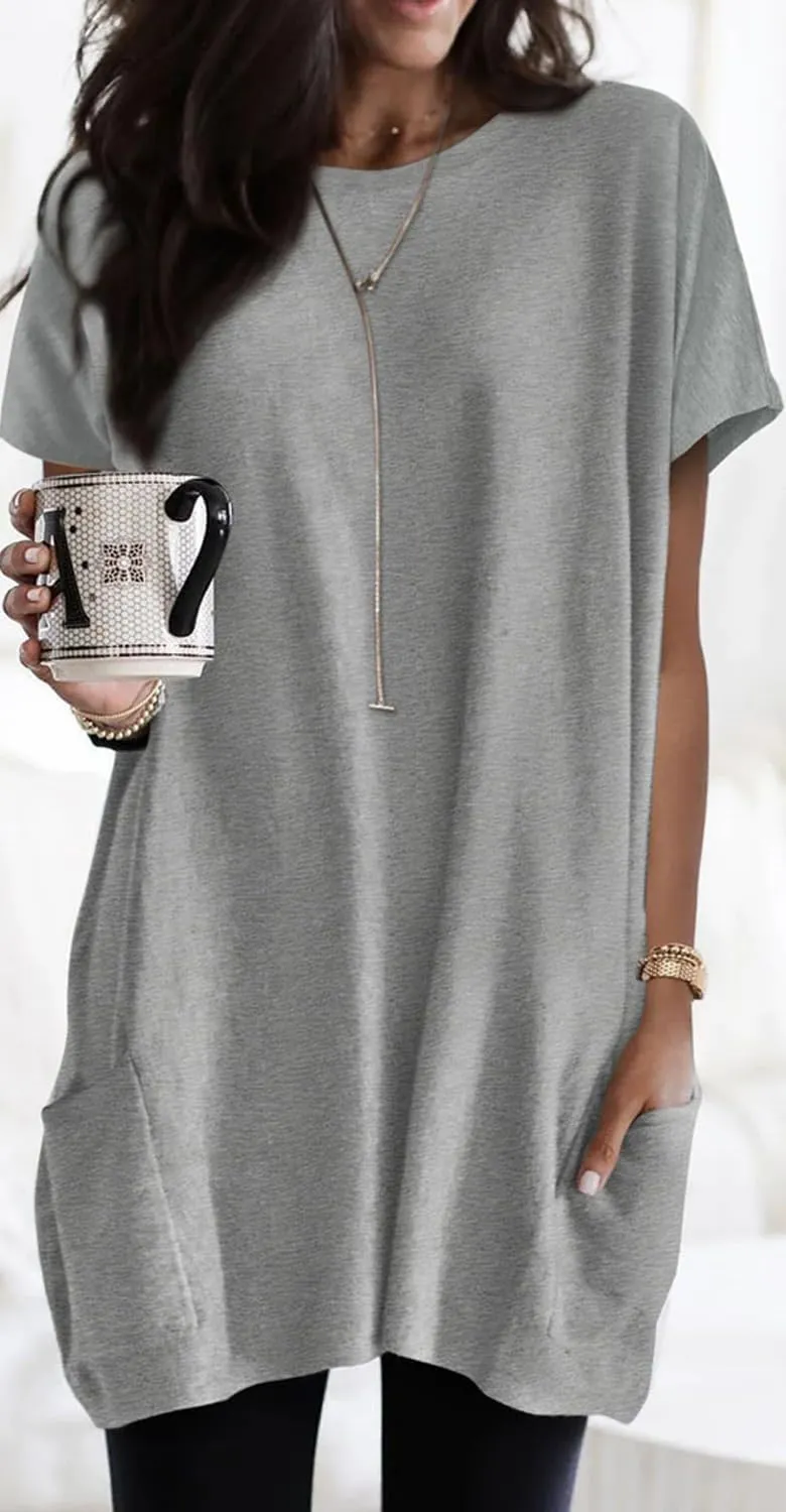 Poetsky Summer Womens Tunic Tops for Leggings with Pockets Short Sleeve Casual Long T Shirts