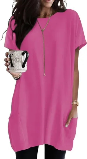 Poetsky Summer Womens Tunic Tops for Leggings with Pockets Short Sleeve Casual Long T Shirts