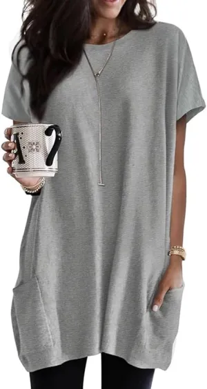 Poetsky Summer Womens Tunic Tops for Leggings with Pockets Short Sleeve Casual Long T Shirts