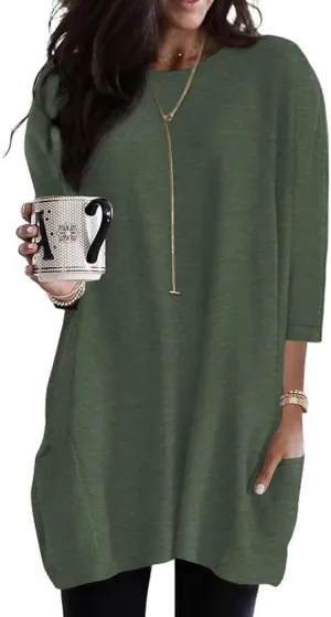 Poetsky Womens 3/4 Sleeve Tunics or Tops to Wear with Leggings Long Shirts Tops with Pockets