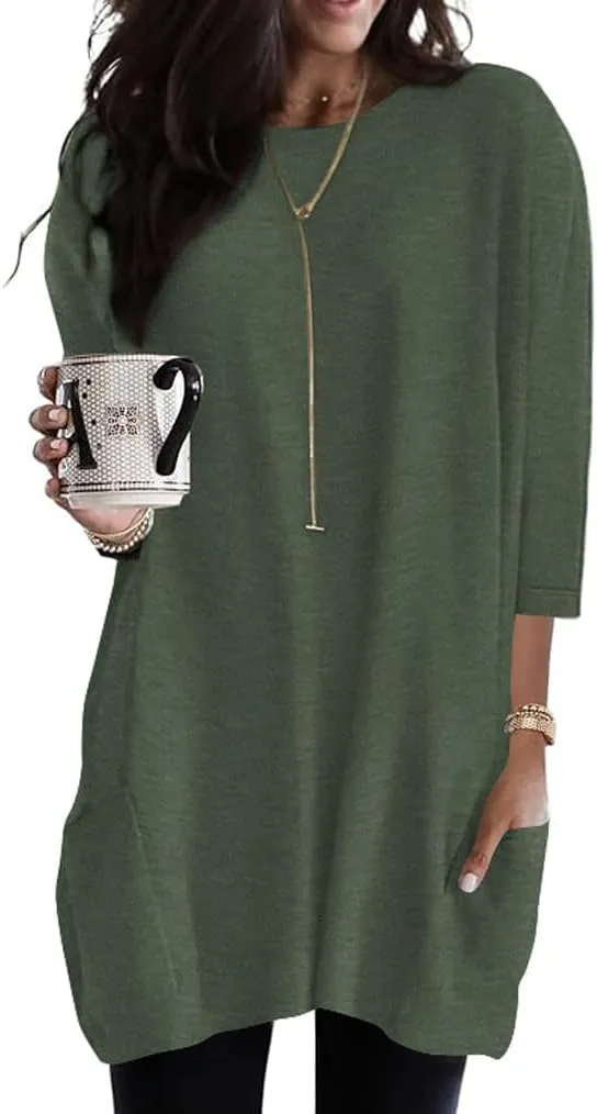 Poetsky Womens 3/4 Sleeve Tunics or Tops to Wear with Leggings Long Shirts Tops with Pockets