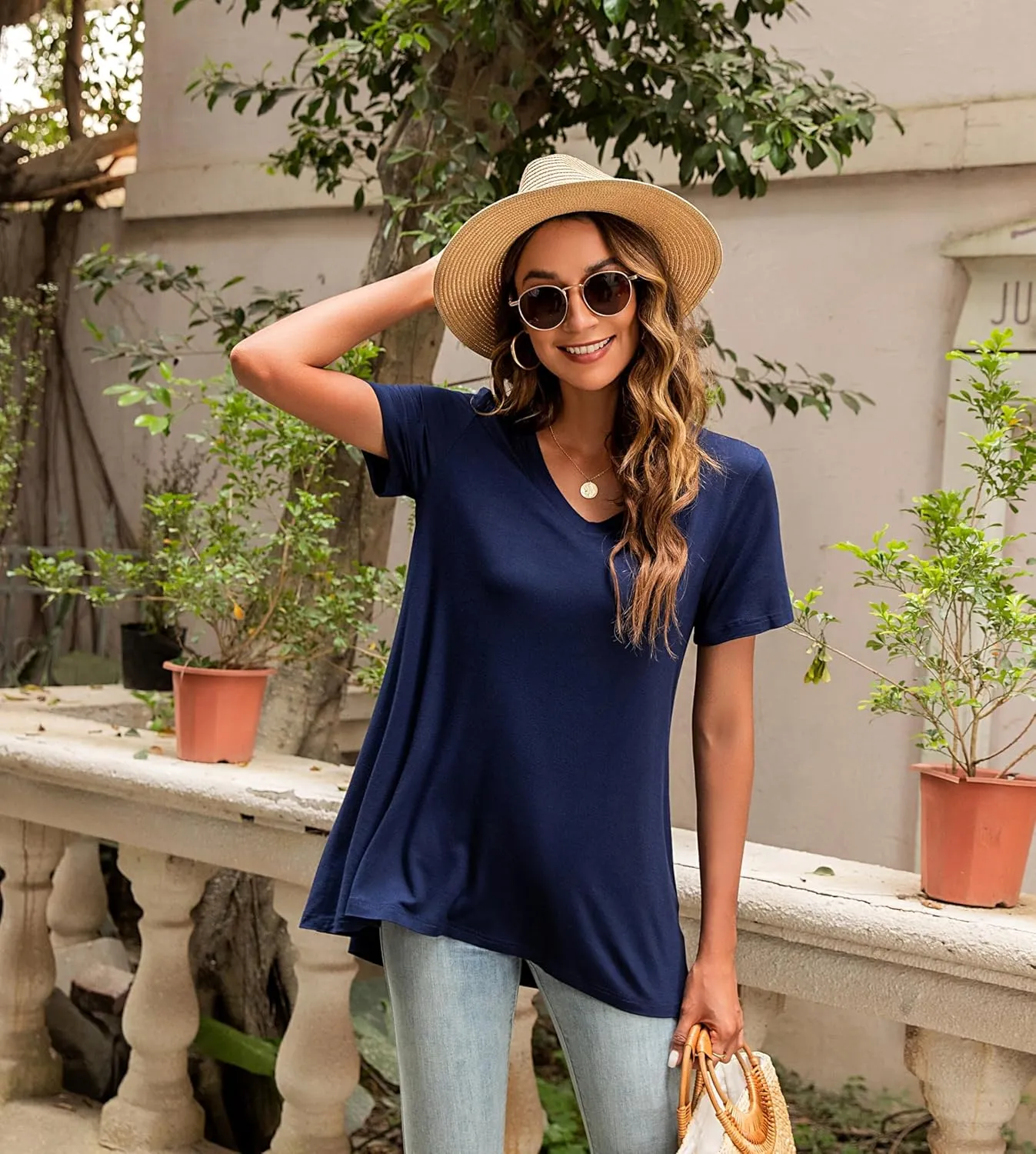 POPYOUNG Women's Long Tunic Tops to Wear with Leggings Summer Short Sleeve Loose Fit Dressy Shirts M-5XL