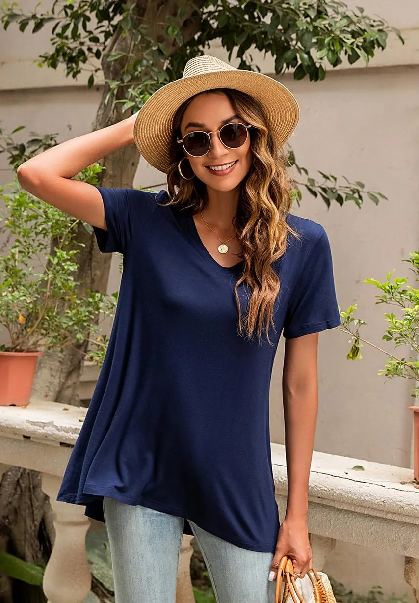POPYOUNG Women's Long Tunic Tops to Wear with Leggings Summer Short Sleeve Loose Fit Dressy Shirts M-5XL