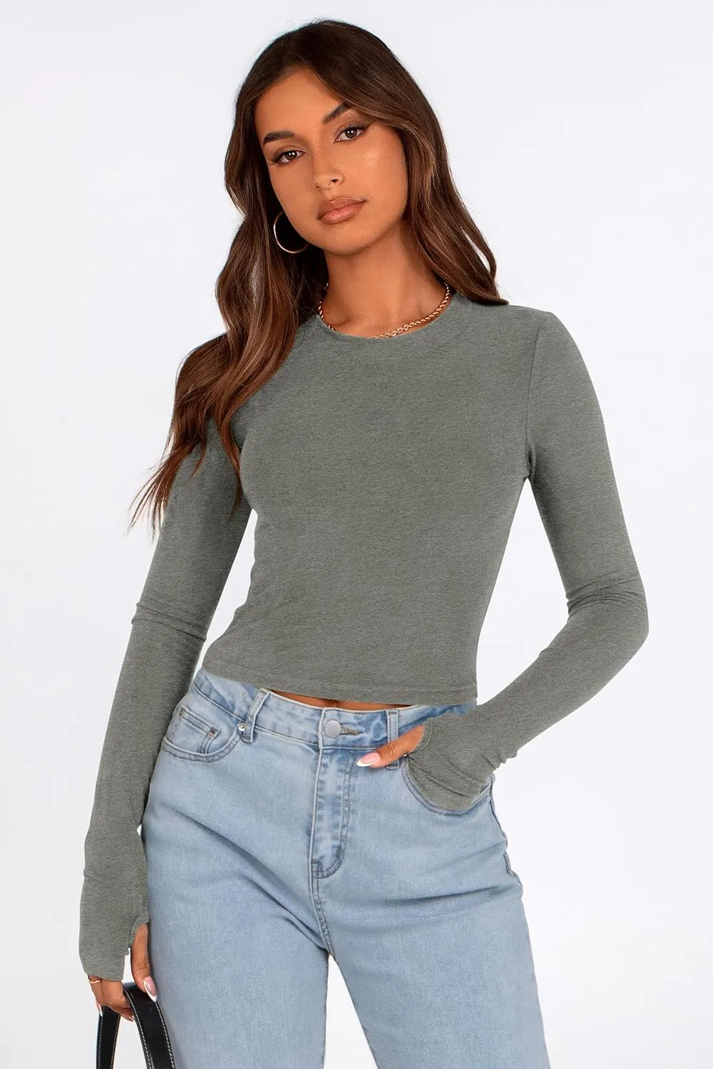 PRETTYGARDEN Women's Long Sleeve Crop Tops Y2K Spring Fall Fashion Clothes Basic Slim Fit Tee Shirts Blouse