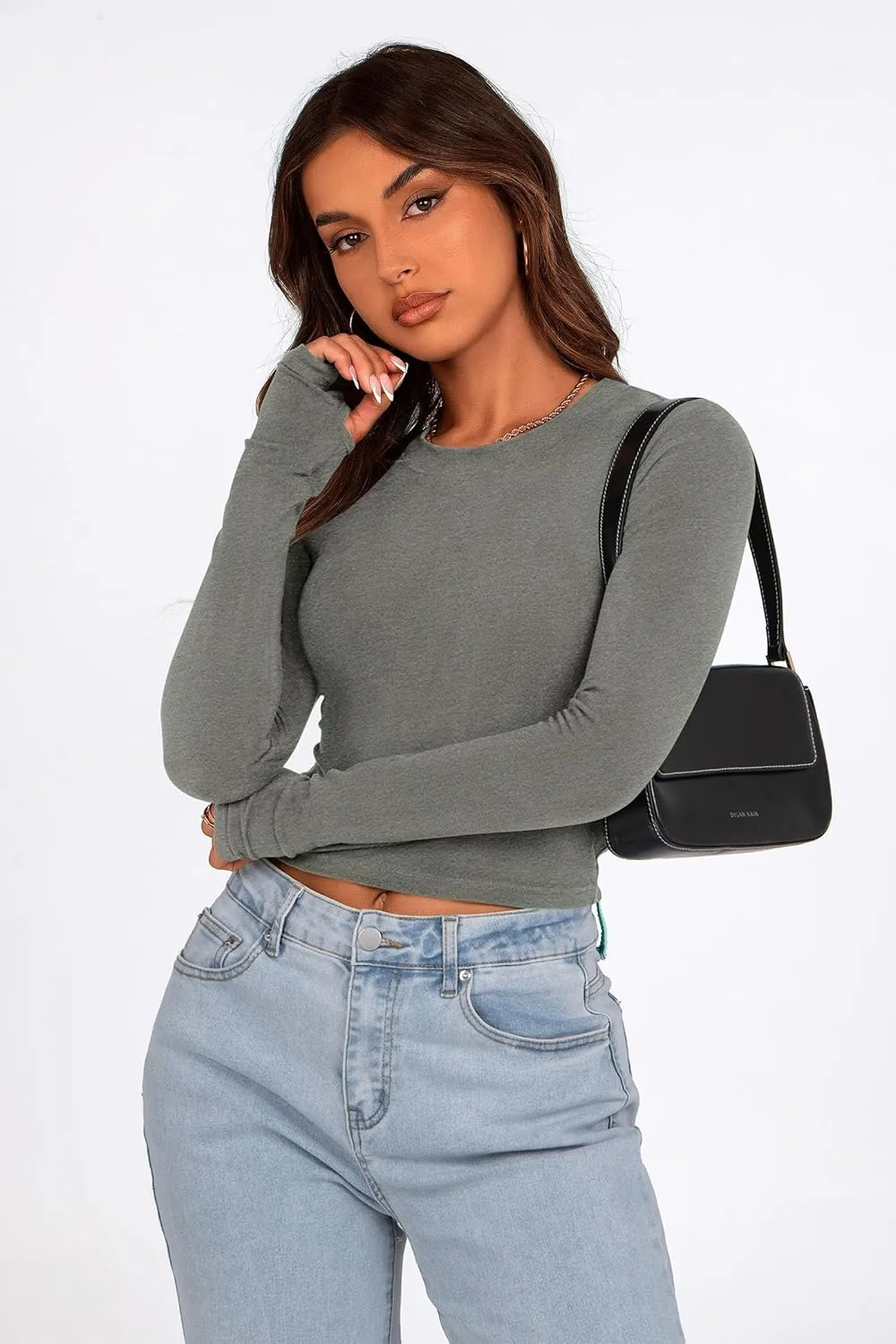 PRETTYGARDEN Women's Long Sleeve Crop Tops Y2K Spring Fall Fashion Clothes Basic Slim Fit Tee Shirts Blouse