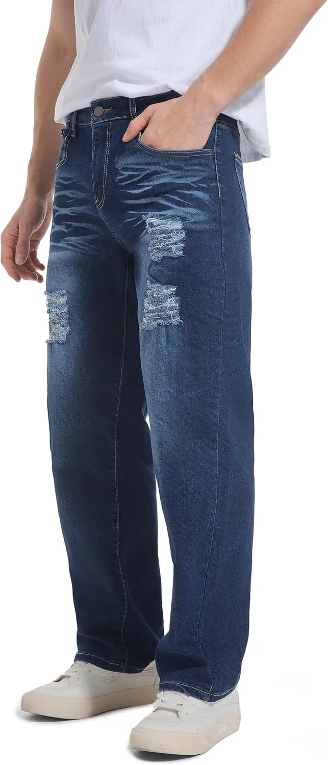 QIMYUM Men's Wide-Leg Baggy Flex Jeans Relaxed Loose Fit Long Denim Pants