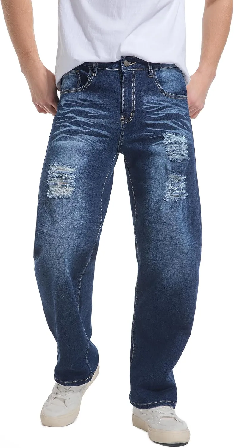 QIMYUM Men's Wide-Leg Baggy Flex Jeans Relaxed Loose Fit Long Denim Pants