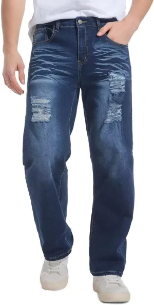 QIMYUM Men's Wide-Leg Baggy Flex Jeans Relaxed Loose Fit Long Denim Pants