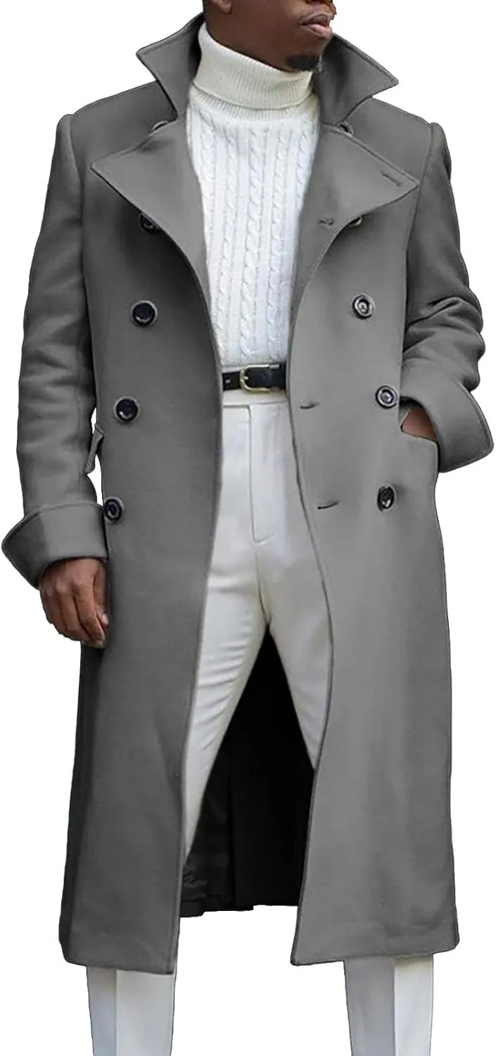 QWENTMTNTY Wool Pea Coats for Men Winter Slim Fit Casual Single Breasted Trench Coat Mid-Length Thermal Business Peacoat
