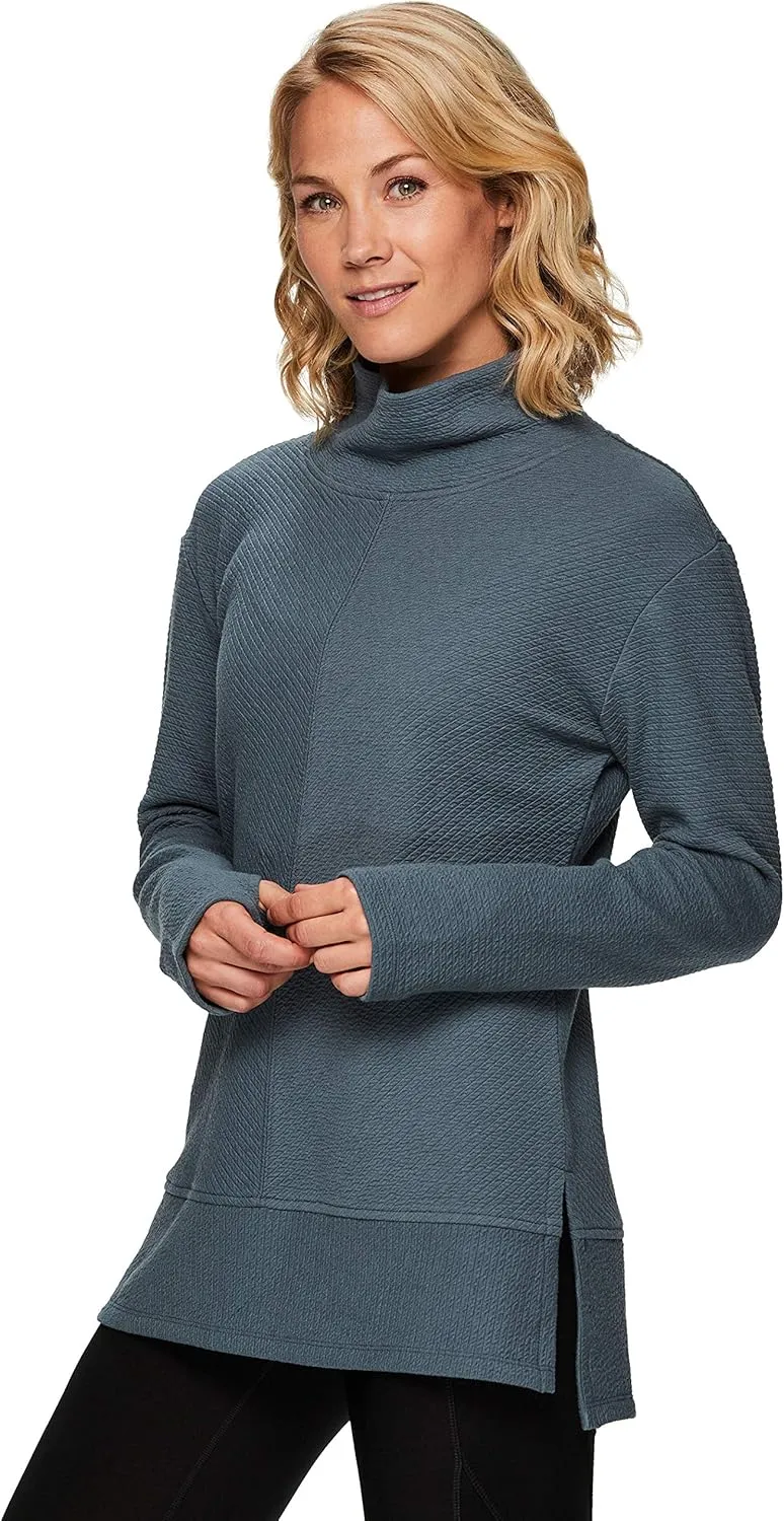 RBX Active Women's Ultra Soft Quilted Cowl Neck Pullover Sweater, Lightweight Mock Neck Tunic Sweatshirt with Thumbholes