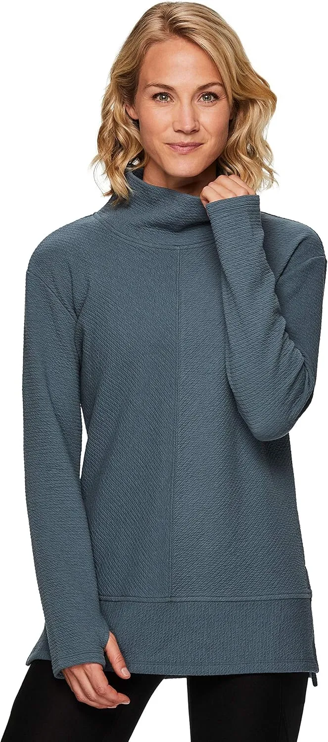 RBX Active Women's Ultra Soft Quilted Cowl Neck Pullover Sweater, Lightweight Mock Neck Tunic Sweatshirt with Thumbholes