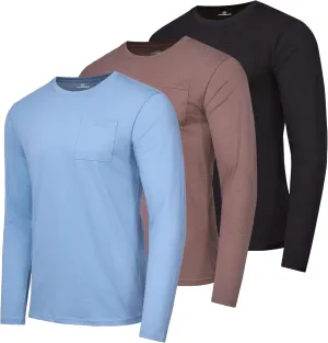 Real Essentials 3 Pack: Men's Cotton Performance Long Sleeve Crew Neck Pocket T-Shirt Athletic Top (Available in Big & Tall)