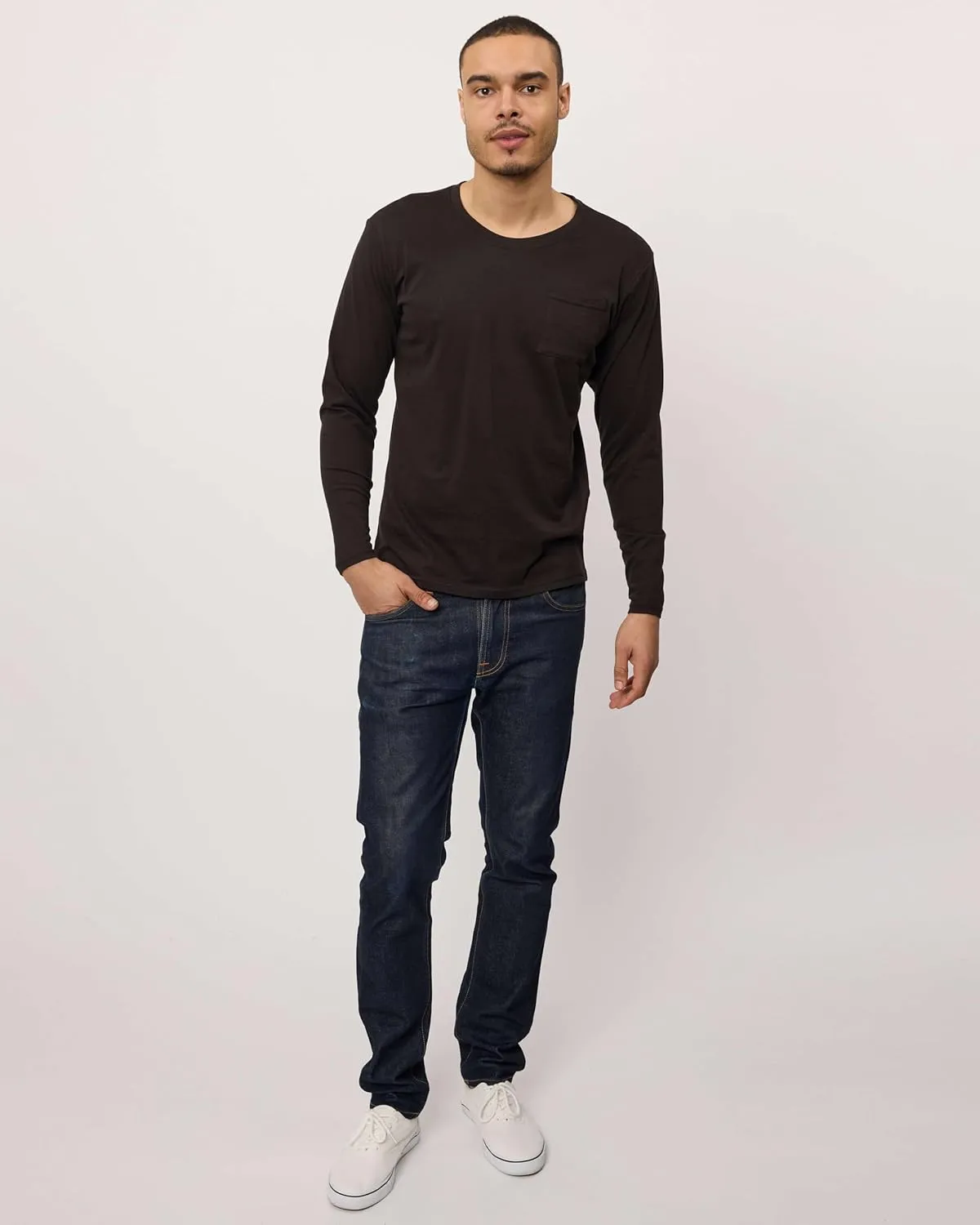 Real Essentials 3 Pack: Men's Cotton Performance Long Sleeve Crew Neck Pocket T-Shirt Athletic Top (Available in Big & Tall)
