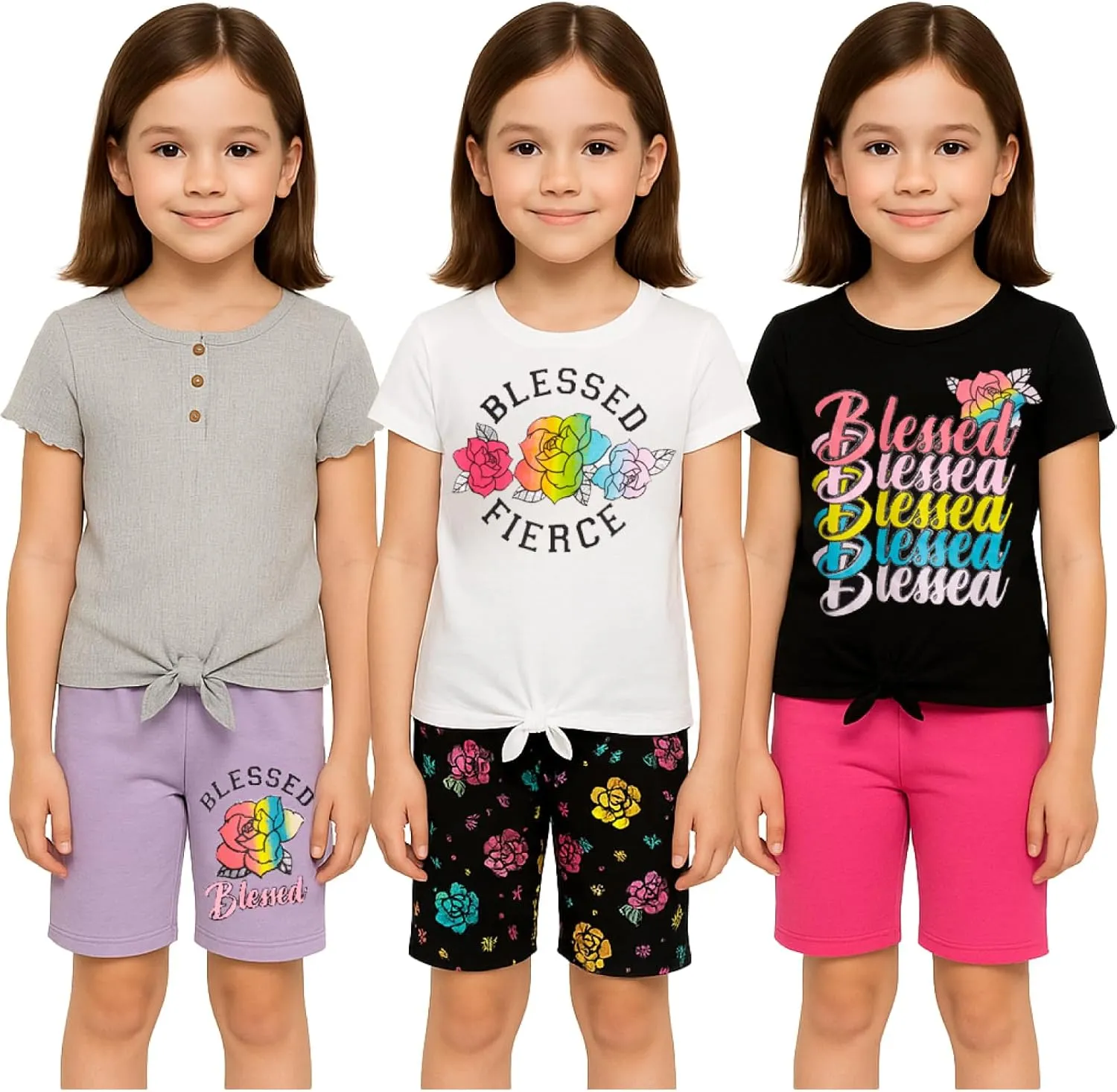 Real Love Girls' Active Shorts Set - 6 Piece Fashion T-Shirts and Performance Bike Shorts - Summer Outfit for Girls (7-16)
