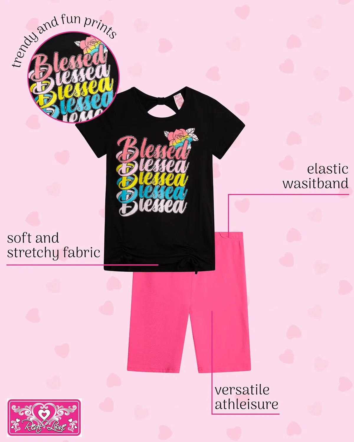 Real Love Girls' Active Shorts Set - 6 Piece Fashion T-Shirts and Performance Bike Shorts - Summer Outfit for Girls (7-16)