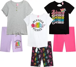 Real Love Girls' Active Shorts Set - 6 Piece Fashion T-Shirts and Performance Bike Shorts - Summer Outfit for Girls (7-16)
