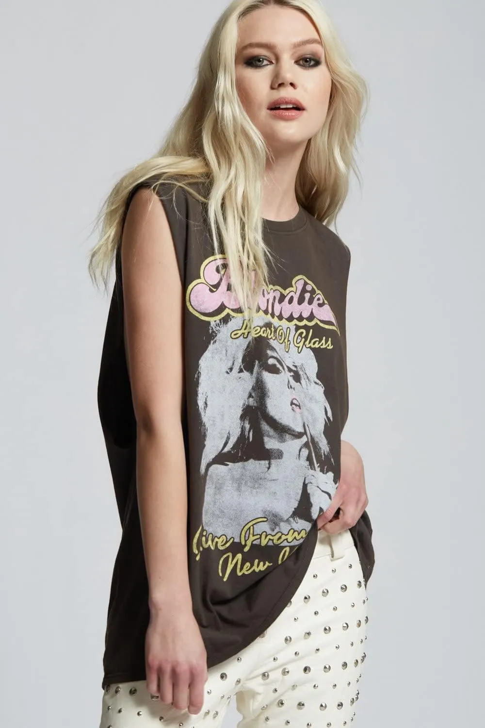RECYCLED KARMA Women Blondie Heart of Glass Muscle Tank T-Shirt Vintage Black