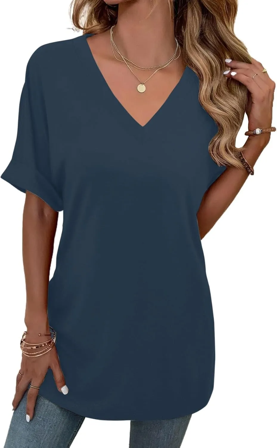 Remidoo Women's Side Slit Rolled Short Sleeve Tee V Neck Loose Fit Tunic T Shirt Top