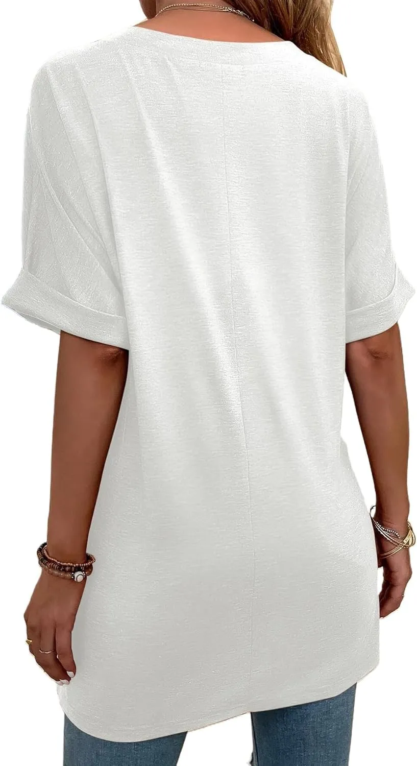 Remidoo Women's Side Slit Rolled Short Sleeve Tee V Neck Loose Fit Tunic T Shirt Top