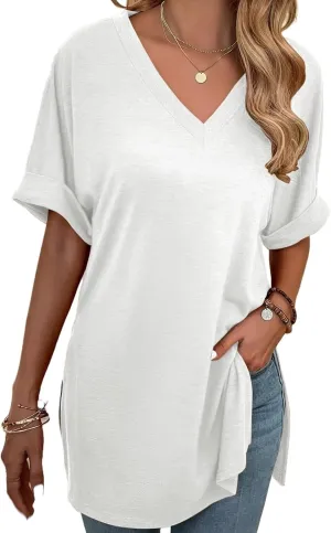 Remidoo Women's Side Slit Rolled Short Sleeve Tee V Neck Loose Fit Tunic T Shirt Top