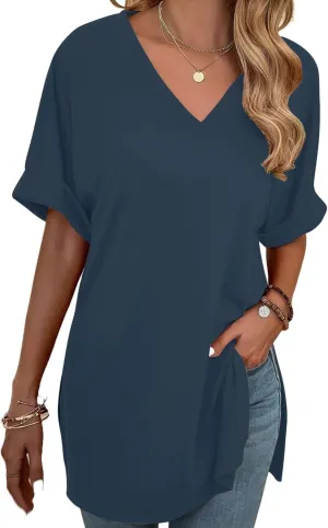 Remidoo Women's Side Slit Rolled Short Sleeve Tee V Neck Loose Fit Tunic T Shirt Top