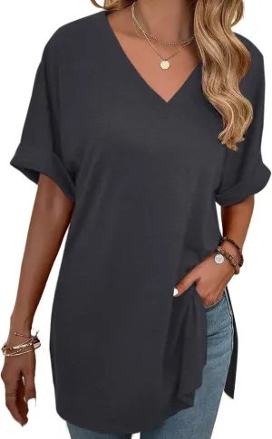 Remidoo Women's Side Slit Rolled Short Sleeve Tee V Neck Loose Fit Tunic T Shirt Top