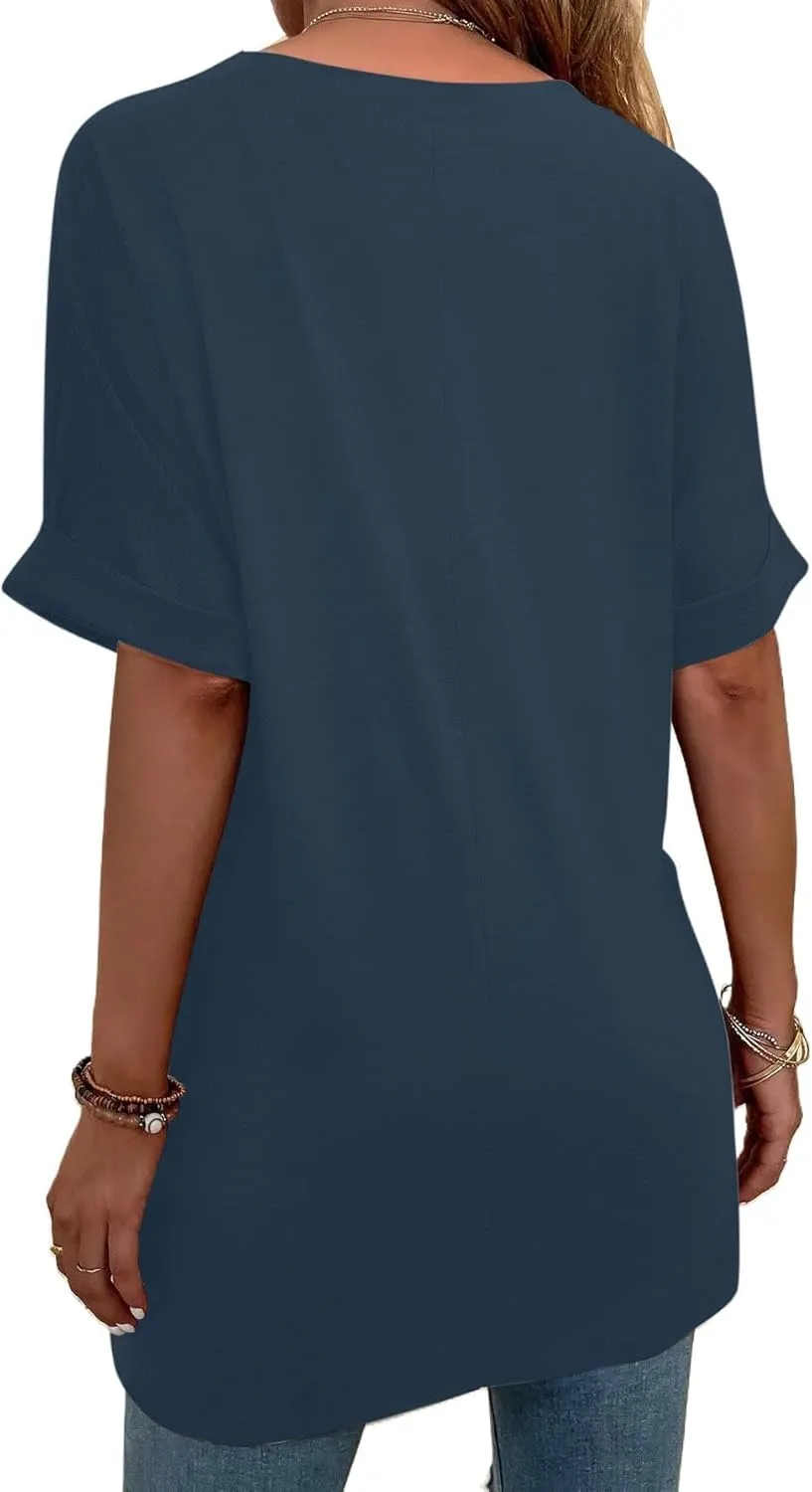 Remidoo Women's Side Slit Rolled Short Sleeve Tee V Neck Loose Fit Tunic T Shirt Top