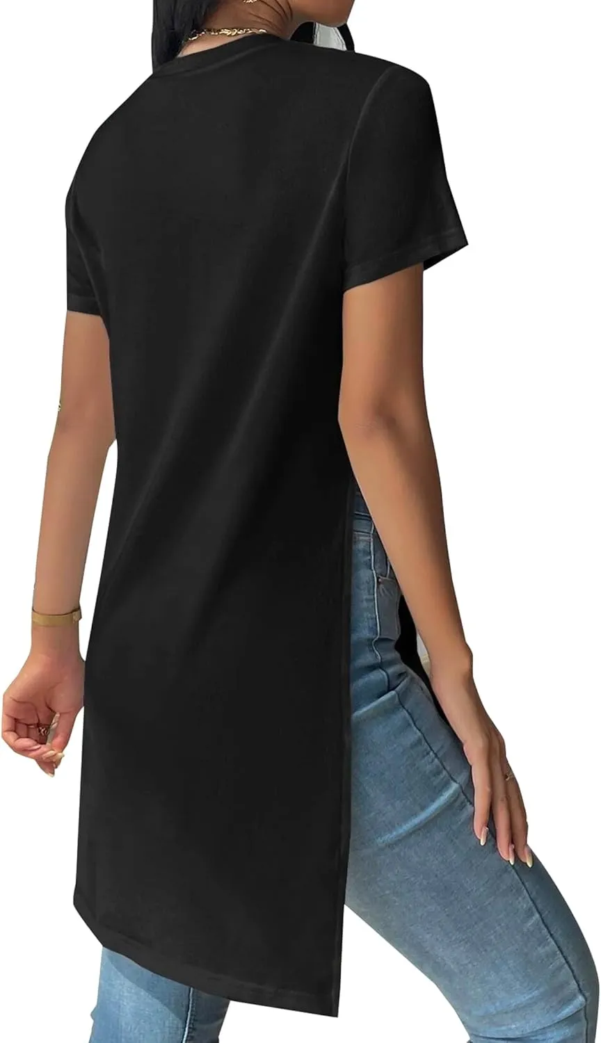 Remidoo Women's Side Slit Tunic Tops Crewneck Short Sleeve Tee Loose Fit Long T Shirt