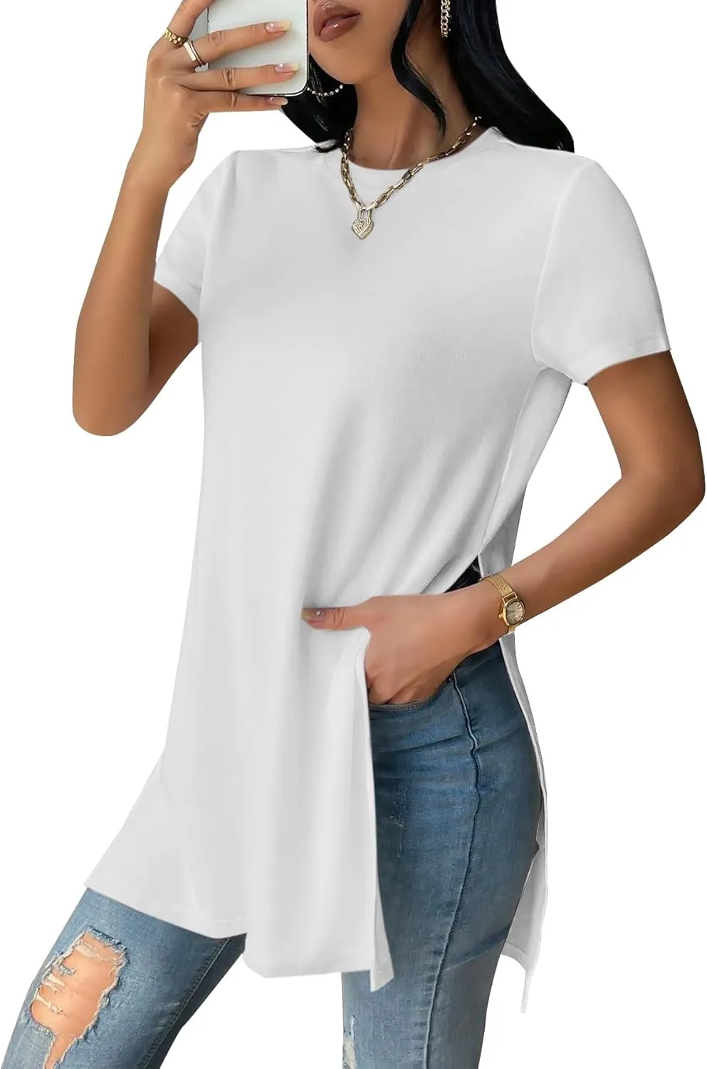 Remidoo Women's Side Slit Tunic Tops Crewneck Short Sleeve Tee Loose Fit Long T Shirt