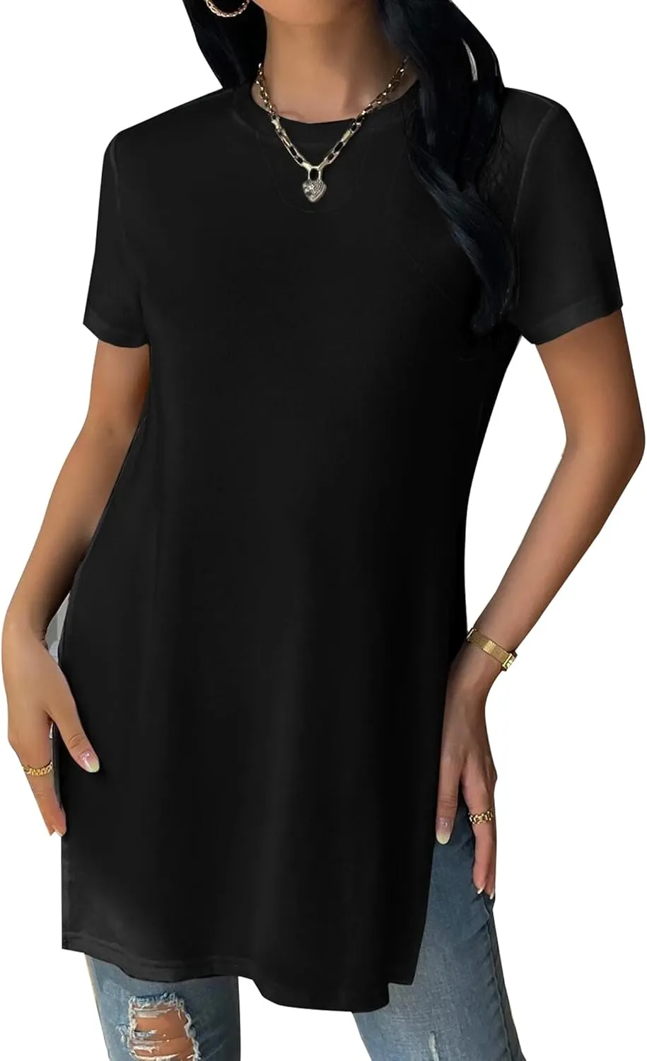 Remidoo Women's Side Slit Tunic Tops Crewneck Short Sleeve Tee Loose Fit Long T Shirt