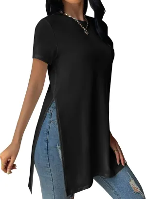 Remidoo Women's Side Slit Tunic Tops Crewneck Short Sleeve Tee Loose Fit Long T Shirt