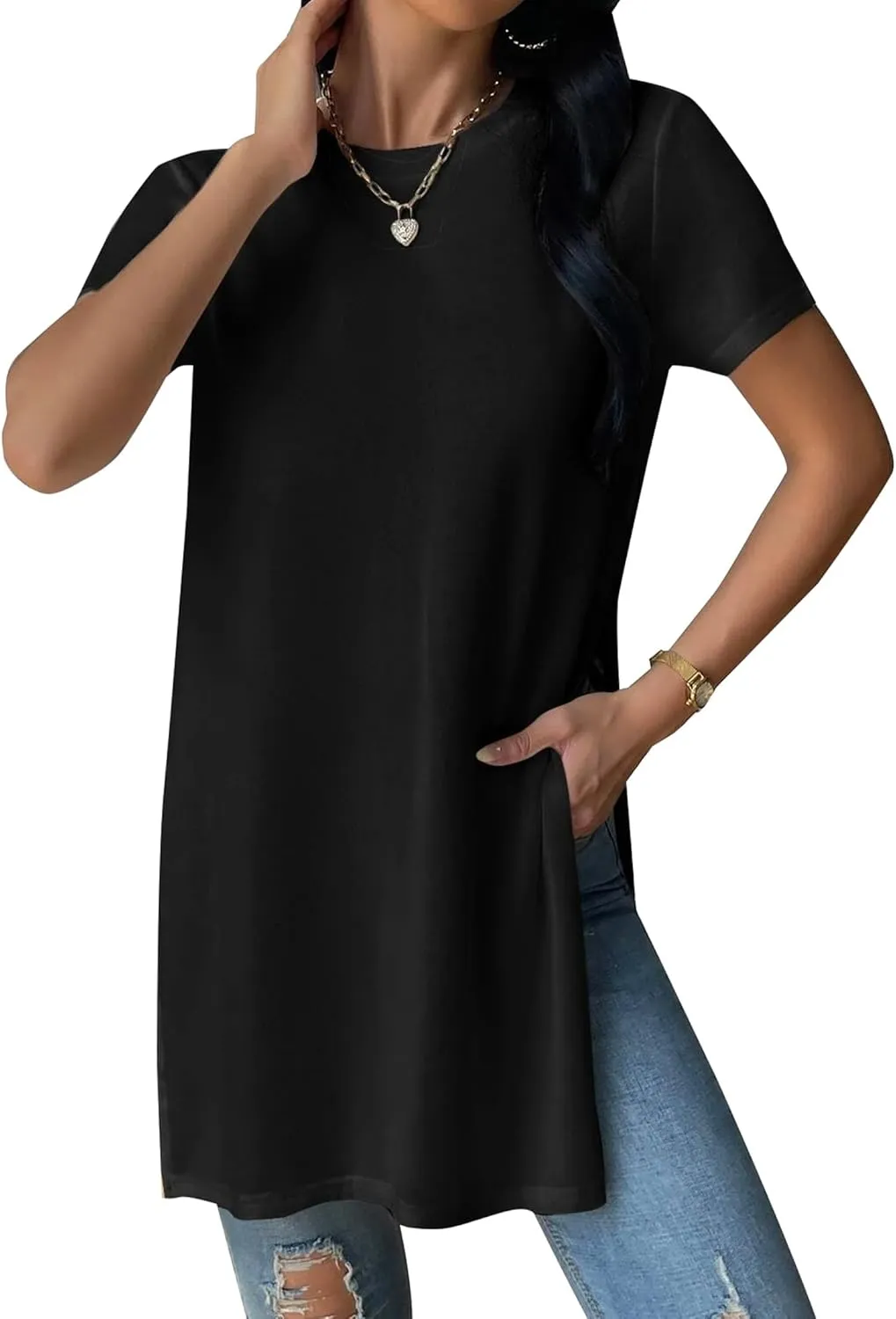 Remidoo Women's Side Slit Tunic Tops Crewneck Short Sleeve Tee Loose Fit Long T Shirt