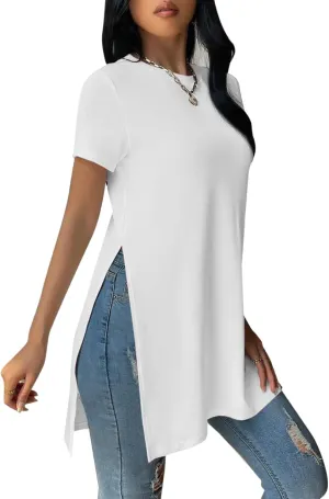 Remidoo Women's Side Slit Tunic Tops Crewneck Short Sleeve Tee Loose Fit Long T Shirt
