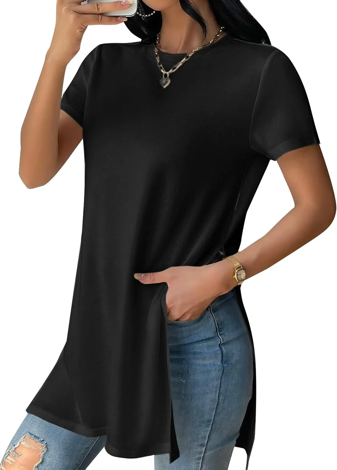 Remidoo Women's Side Slit Tunic Tops Crewneck Short Sleeve Tee Loose Fit Long T Shirt