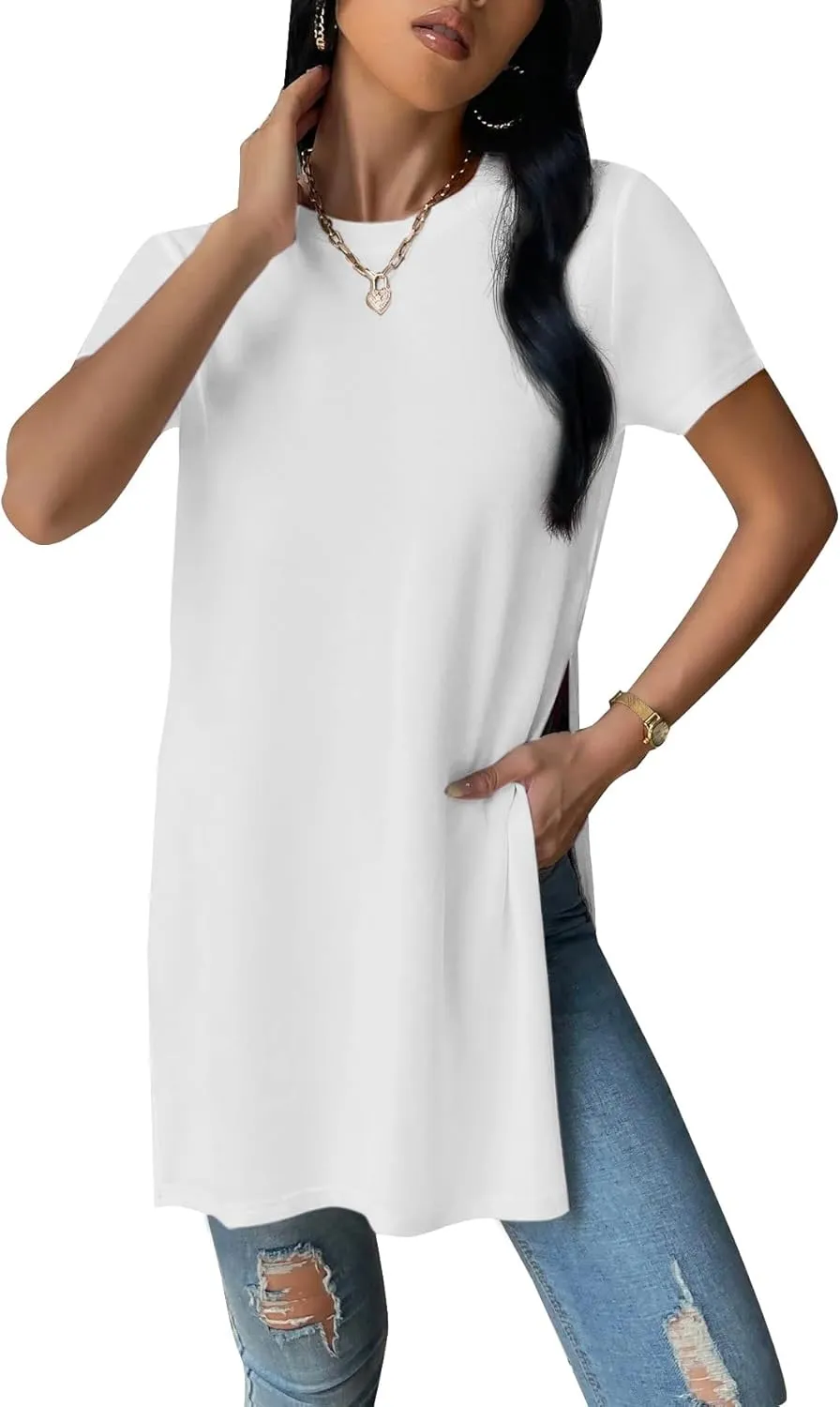 Remidoo Women's Side Slit Tunic Tops Crewneck Short Sleeve Tee Loose Fit Long T Shirt