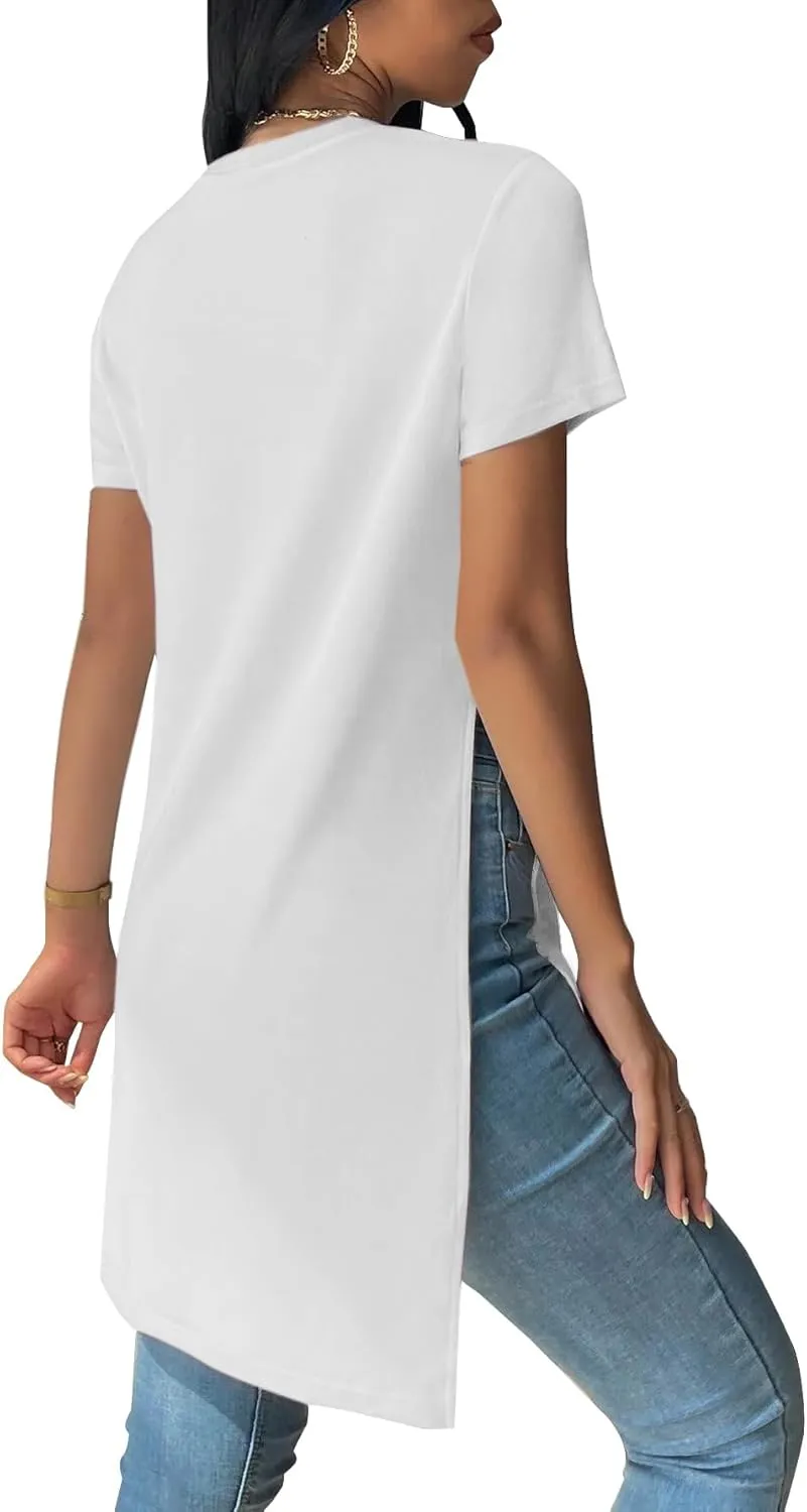 Remidoo Women's Side Slit Tunic Tops Crewneck Short Sleeve Tee Loose Fit Long T Shirt