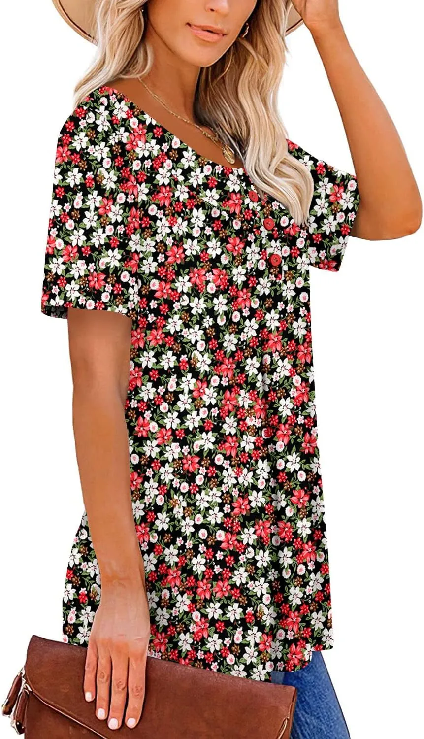 ROSELINLIN Women's Short Sleeve Shirts Floral Summer Tops Loose Fit for Leggings